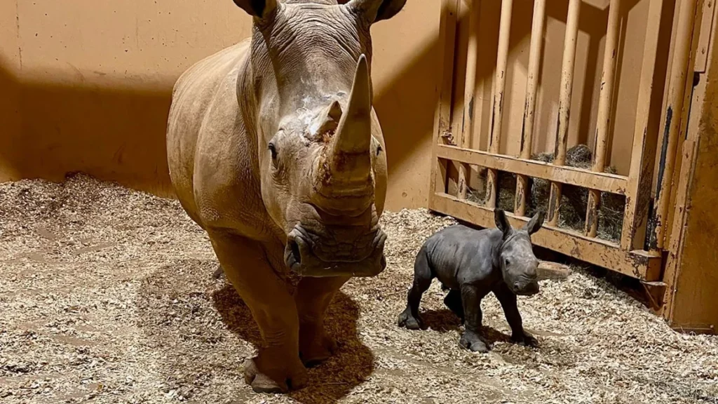 On Christmas Eve, the first southern white rhinoceros born in the zoo in Atlanta makes an appearance.